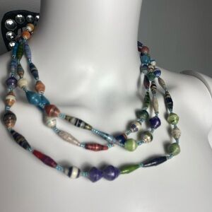 Handmade, extra-long necklace made from multicolor recycled paper beads 60” Inch